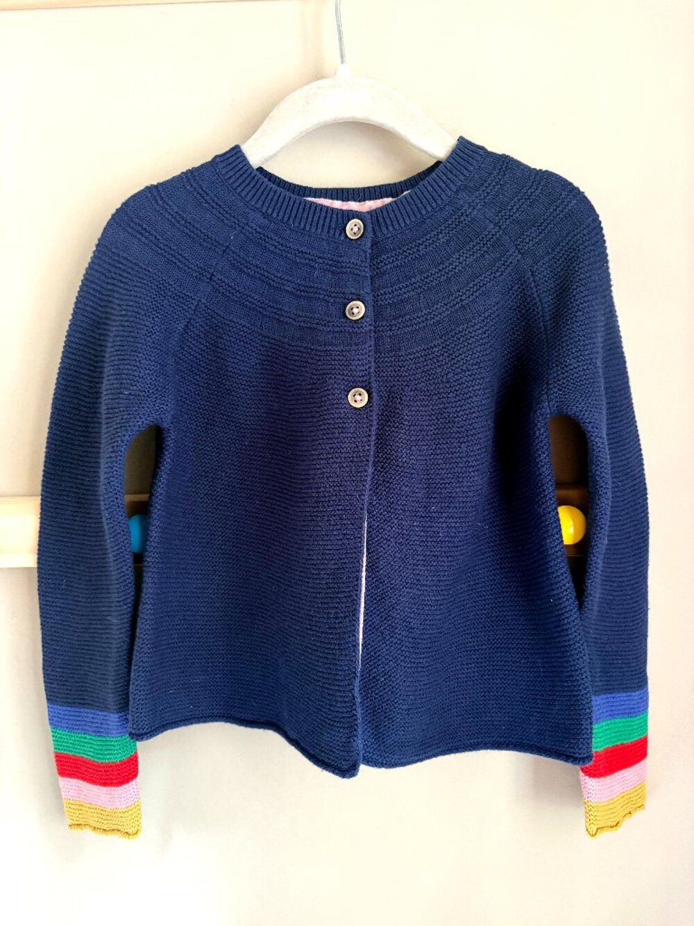 Mini Boden Cotton/Cashmere Navy Blue Cardigan w/ Rainbow Cuffs